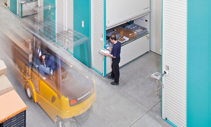 VLM in a warehouse, forklift in the aisle