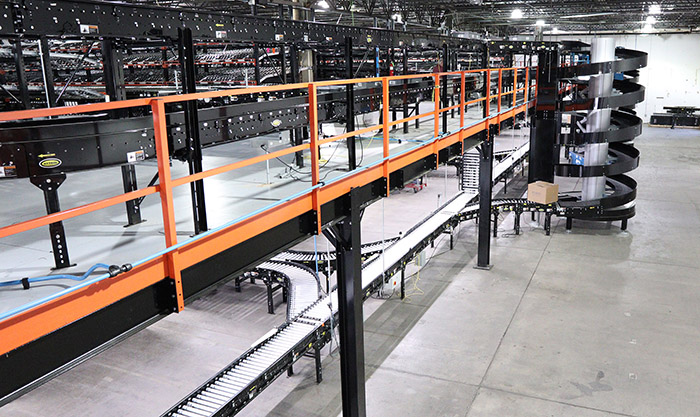 Pick module with spiral conveyors for vertical product movement.