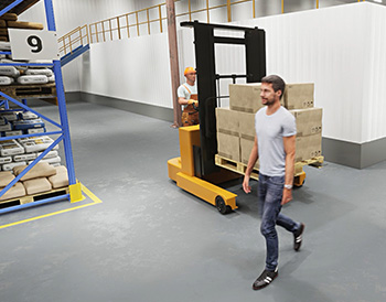 warehouse pedestrian passing in front of forklift