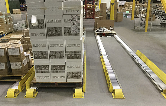 Floor mounted pallet flow with stops and split roller system