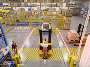 Forklift at an AisleCop crossing inside a robotic work cell, with red light beams and a pedestrian waiting at a gate