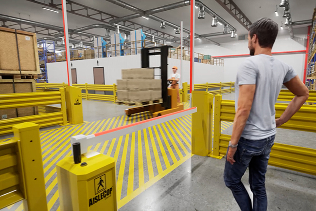 An illustration showing a warehouse worker waiting at an AisleCop safety automation system.
