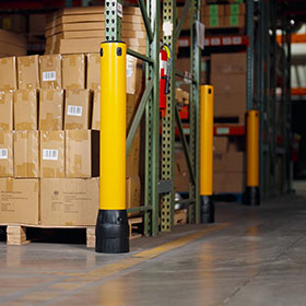 flexible bollards protecting rack uprights