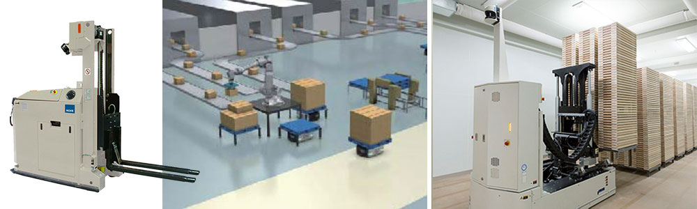 montage with driverless forklift, illustrated unit load shuttle AGVs in warehouse, and fork-style vehicle moving materials