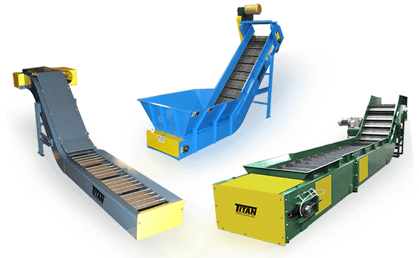 Multiple Titan hinged steel belt conveyor models for scrap and parts handling
