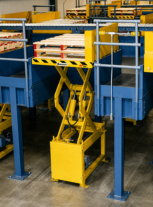 Scissor lift access to sortation mezzanine for pallet takeaway