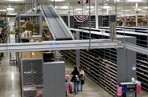 overhead merge lines at picking area, at TTI distribution center.