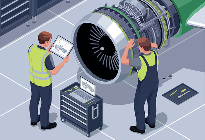 Jet engine illustration with technicians in tight space area.
