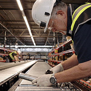 Cisco-Eagle technician in hard hat in front of conveyor and pick module