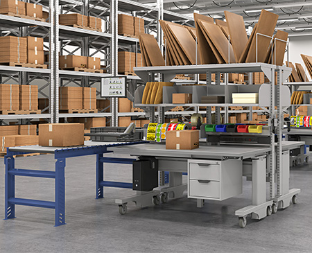 workstation next to conveyor with stickers, bins and corrugated materials